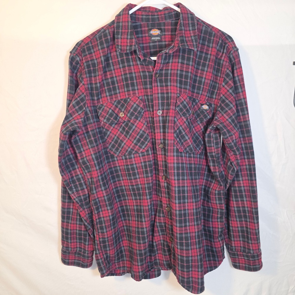 Dickies Flannel Shirt Mens Large Red Black Excellent Plaid Long Sleeve Button Up